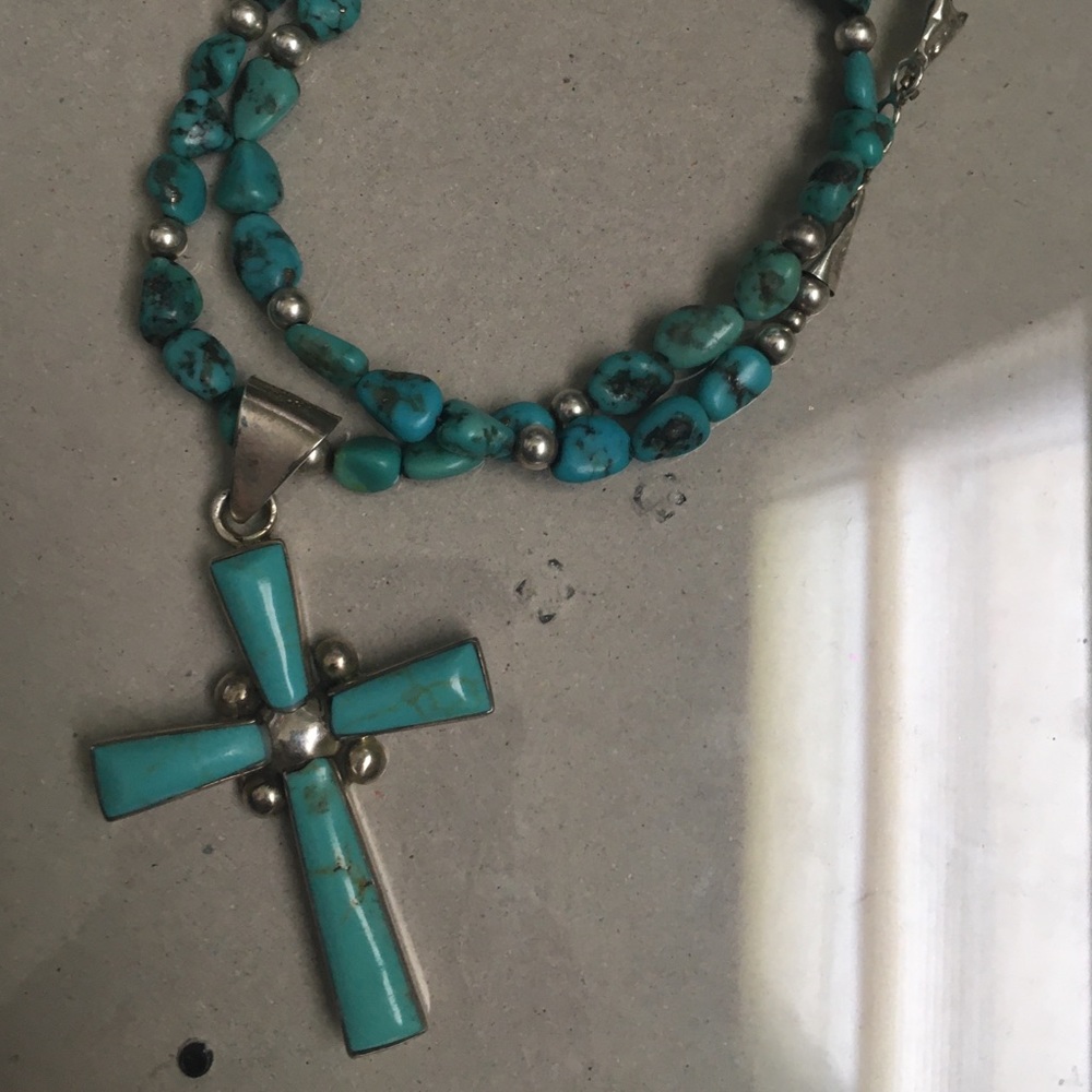 Genuine Sterling Silver & Turquoise Cross Necklace